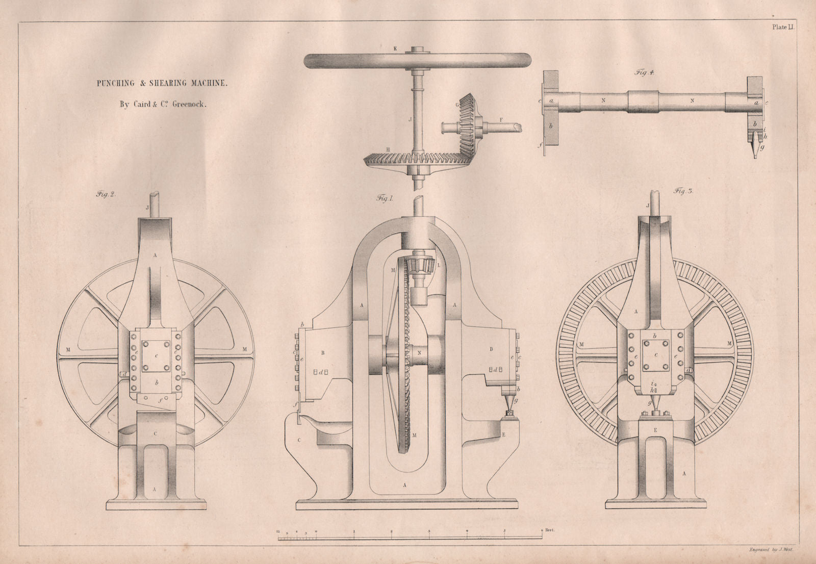 VICTORIAN ENGINEERING DRAWING. Punching & shearing machine. Caird & Co. 1847
